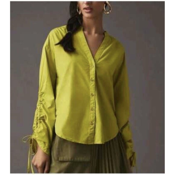 Pilcro Anthropologie Drawstring Poplin Blouse Top Size Large Chartreuse Green - Picture 1 of 7